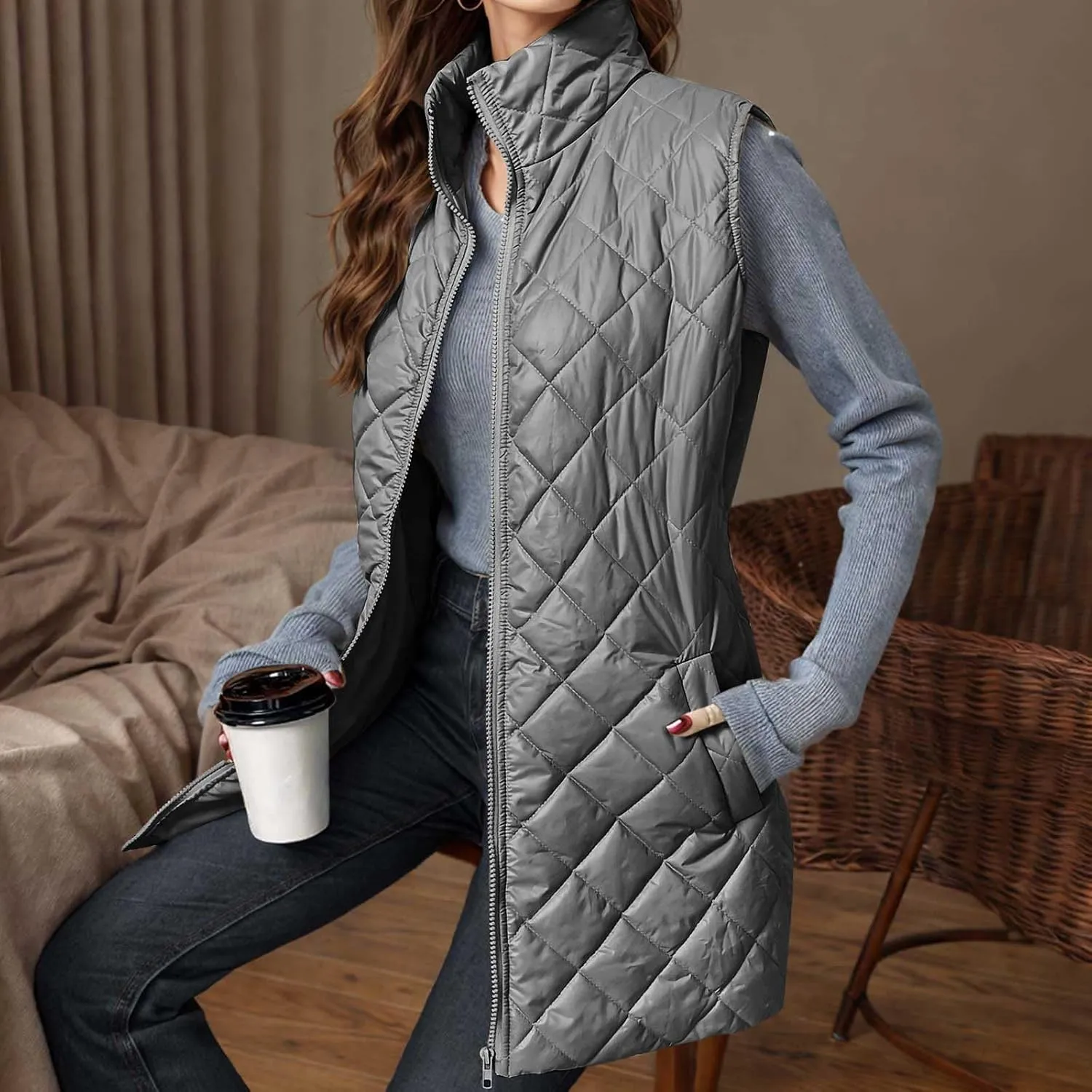 Long Puffer Vest Women Winter Quilted Coat Sleeveless Warm Jackets Zip Up Fluffy Vests Stand Collar Puffy Coats