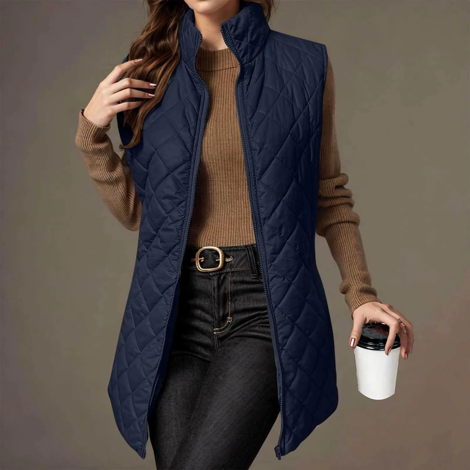 Long Puffer Vest Women Winter Quilted Coat Sleeveless Warm Jackets Zip Up Fluffy Vests Stand Collar Puffy Coats