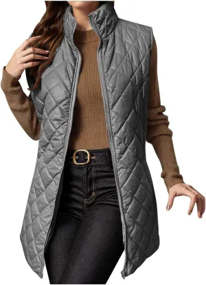 Long Puffer Vest Women Winter Quilted Coat Sleeveless Warm Jackets Zip Up Fluffy Vests Stand Collar Puffy Coats
