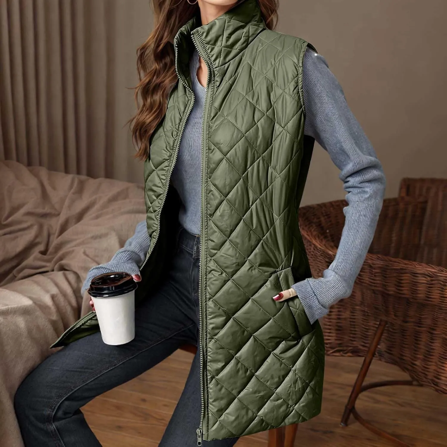 Long Puffer Vest Women Winter Quilted Coat Sleeveless Warm Jackets Zip Up Fluffy Vests Stand Collar Puffy Coats