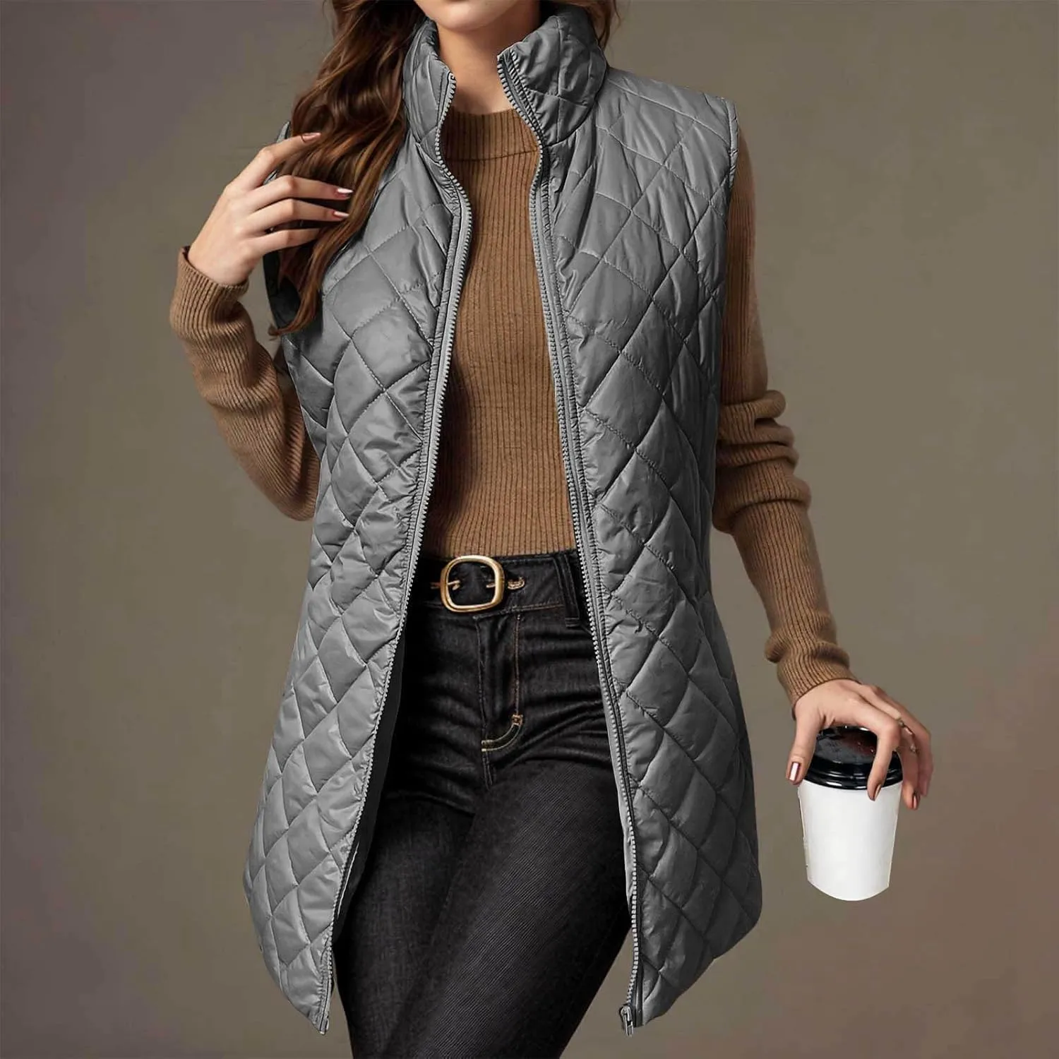 Long Puffer Vest Women Winter Quilted Coat Sleeveless Warm Jackets Zip Up Fluffy Vests Stand Collar Puffy Coats