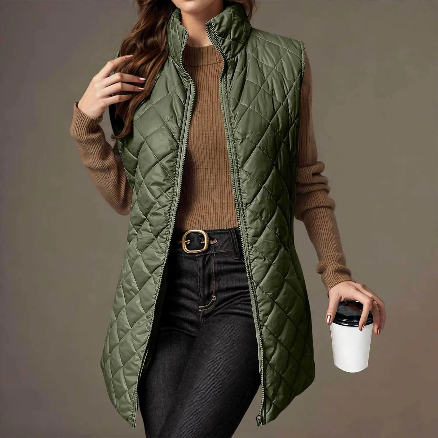 Long Puffer Vest Women Winter Quilted Coat Sleeveless Warm Jackets Zip Up Fluffy Vests Stand Collar Puffy Coats