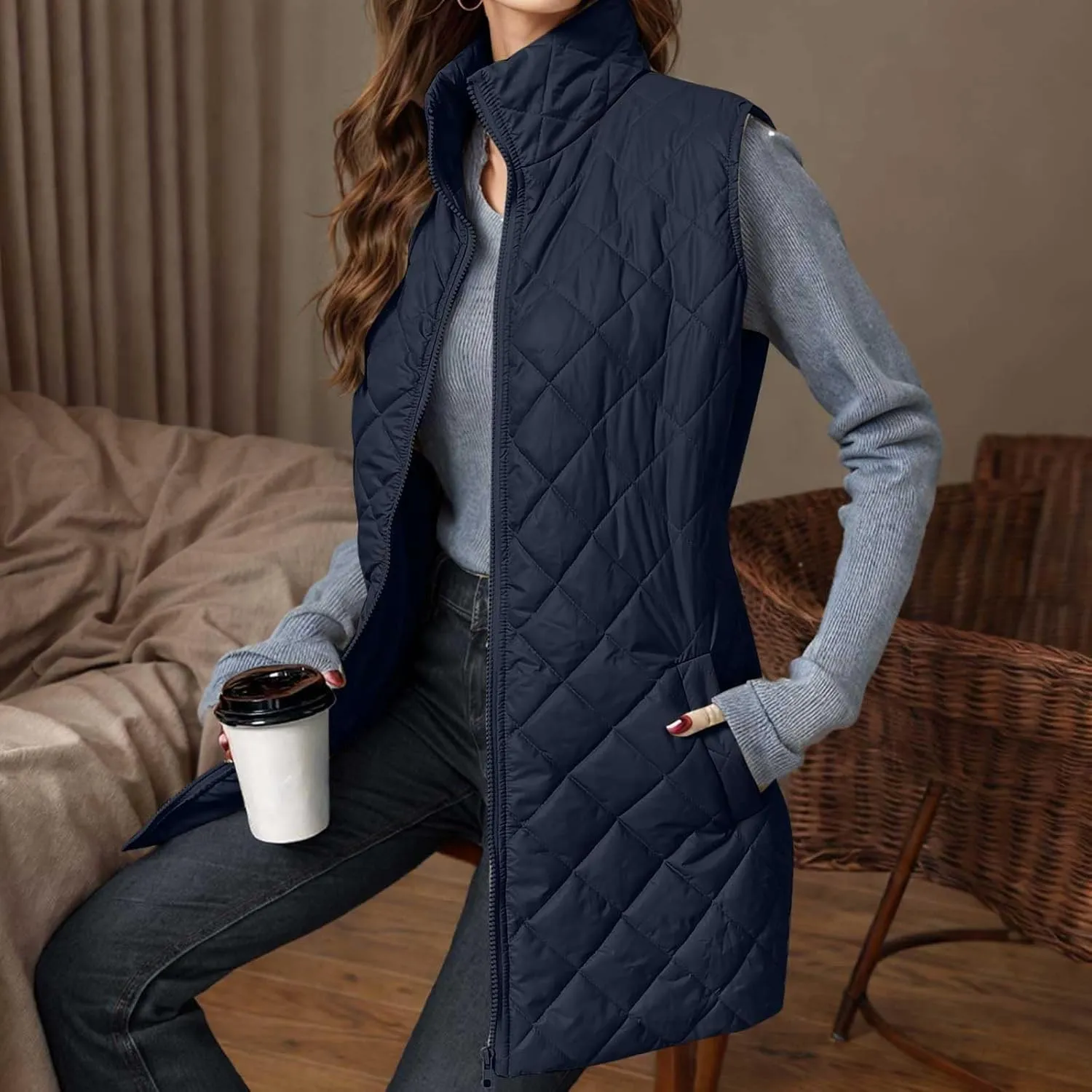 Long Puffer Vest Women Winter Quilted Coat Sleeveless Warm Jackets Zip Up Fluffy Vests Stand Collar Puffy Coats