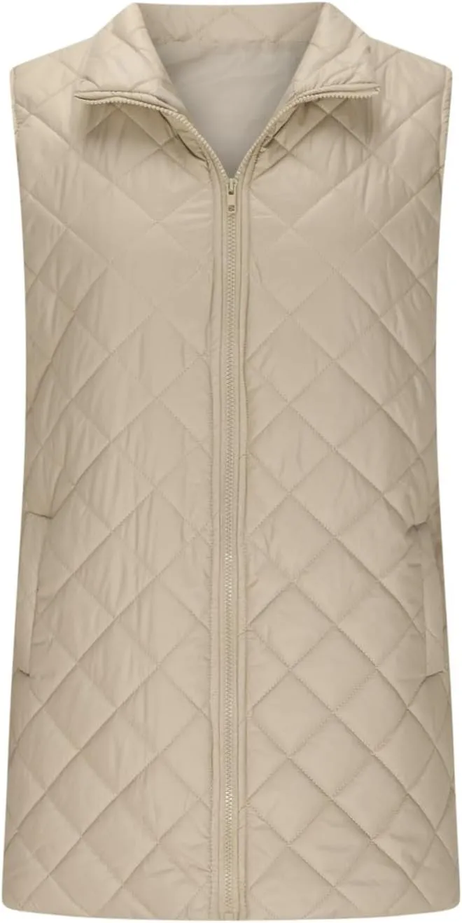 Long Puffer Vest Women Winter Quilted Coat Sleeveless Warm Jackets Zip Up Fluffy Vests Stand Collar Puffy Coats