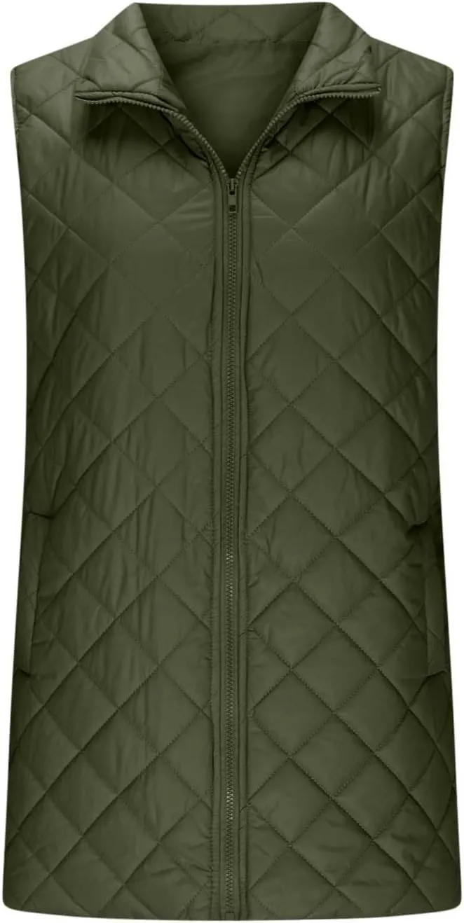 Long Puffer Vest Women Winter Quilted Coat Sleeveless Warm Jackets Zip Up Fluffy Vests Stand Collar Puffy Coats