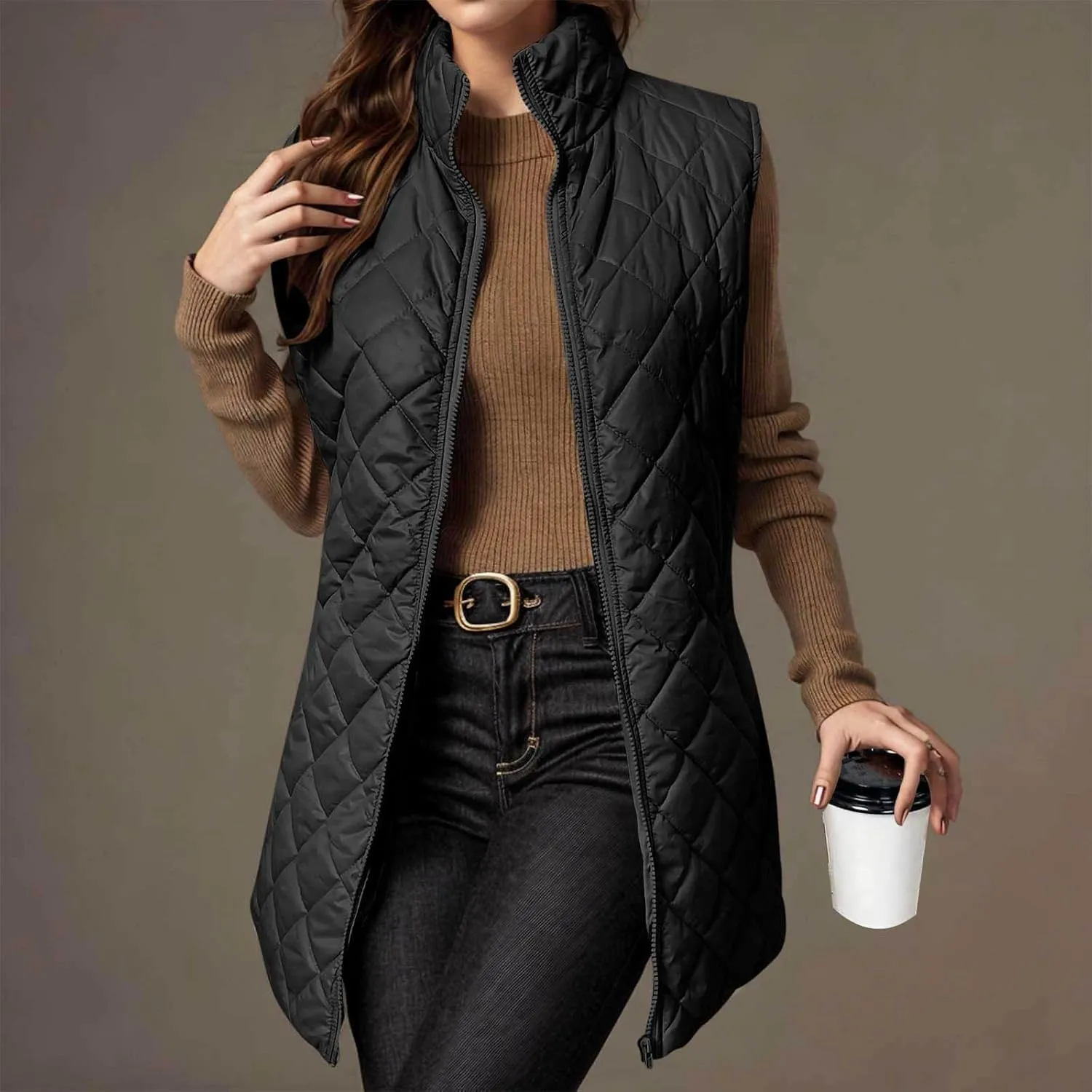 Long Puffer Vest Women Winter Quilted Coat Sleeveless Warm Jackets Zip Up Fluffy Vests Stand Collar Puffy Coats