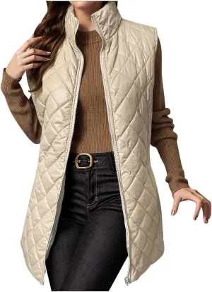 Long Puffer Vest Women Winter Quilted Coat Sleeveless Warm Jackets Zip Up Fluffy Vests Stand Collar Puffy Coats