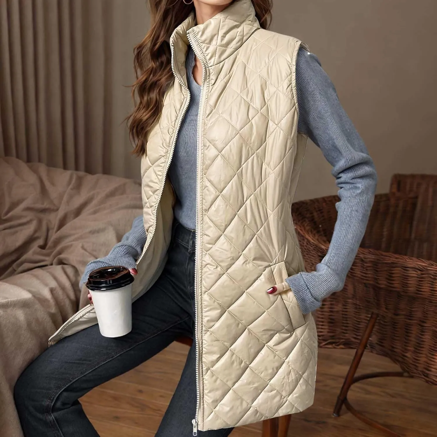 Long Puffer Vest Women Winter Quilted Coat Sleeveless Warm Jackets Zip Up Fluffy Vests Stand Collar Puffy Coats