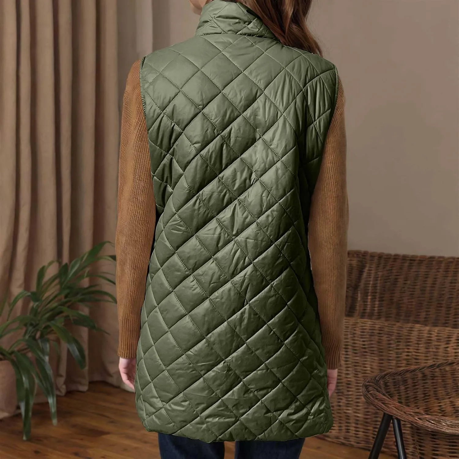 Long Puffer Vest Women Winter Quilted Coat Sleeveless Warm Jackets Zip Up Fluffy Vests Stand Collar Puffy Coats