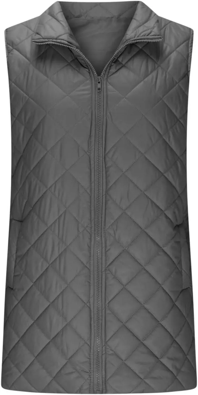 Long Puffer Vest Women Winter Quilted Coat Sleeveless Warm Jackets Zip Up Fluffy Vests Stand Collar Puffy Coats