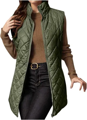 Long Puffer Vest Women Winter Quilted Coat Sleeveless Warm Jackets Zip Up Fluffy Vests Stand Collar Puffy Coats