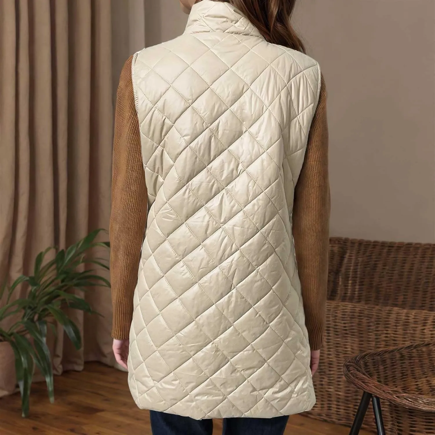 Long Puffer Vest Women Winter Quilted Coat Sleeveless Warm Jackets Zip Up Fluffy Vests Stand Collar Puffy Coats