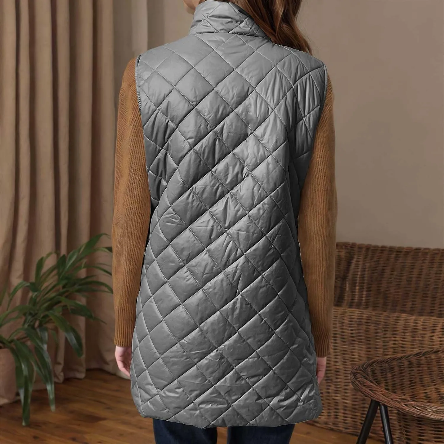 Long Puffer Vest Women Winter Quilted Coat Sleeveless Warm Jackets Zip Up Fluffy Vests Stand Collar Puffy Coats