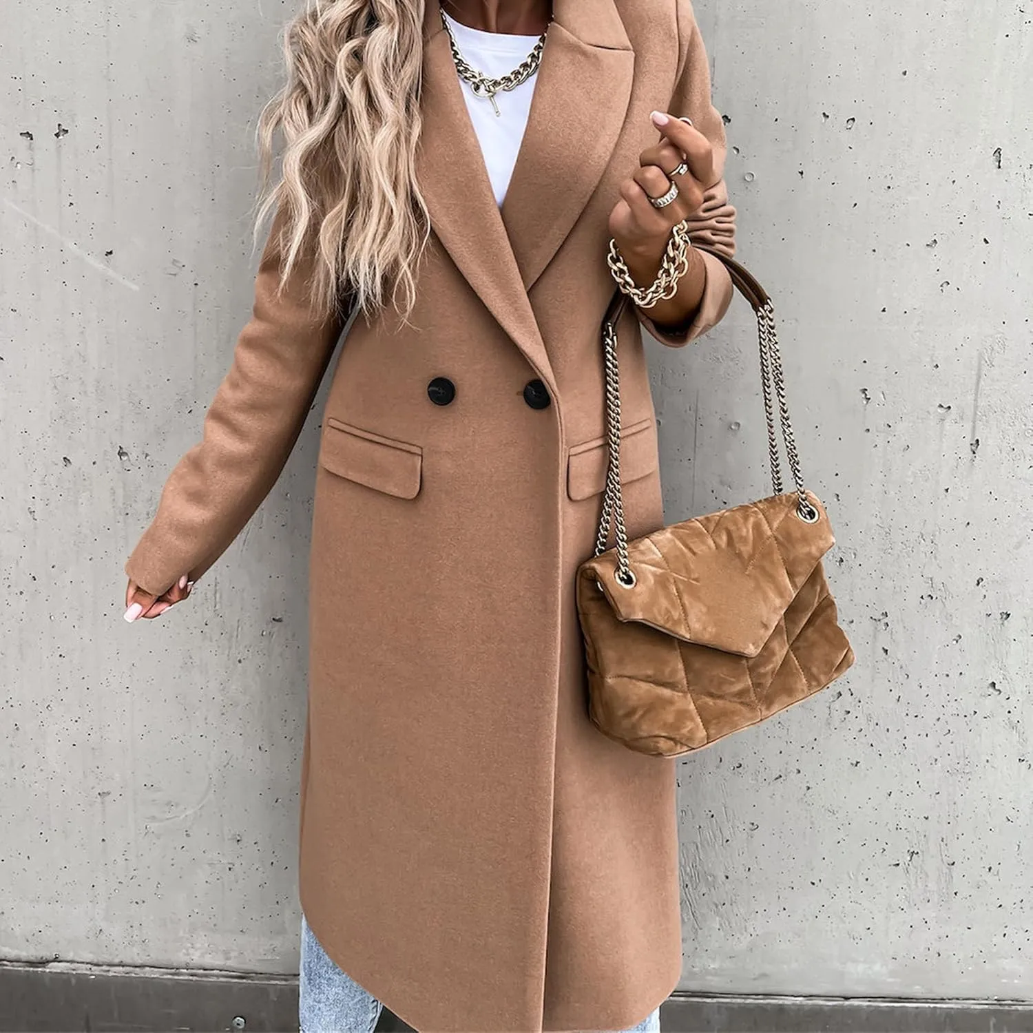 Maiyifu-GJ Womens Elegant Notched Lapel Double Breasted Wool Blend Coat Jacket Long Trench Coat Winter Overcoat Outerwear