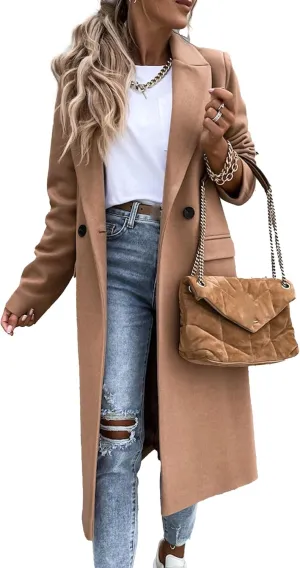 Maiyifu-GJ Womens Elegant Notched Lapel Double Breasted Wool Blend Coat Jacket Long Trench Coat Winter Overcoat Outerwear