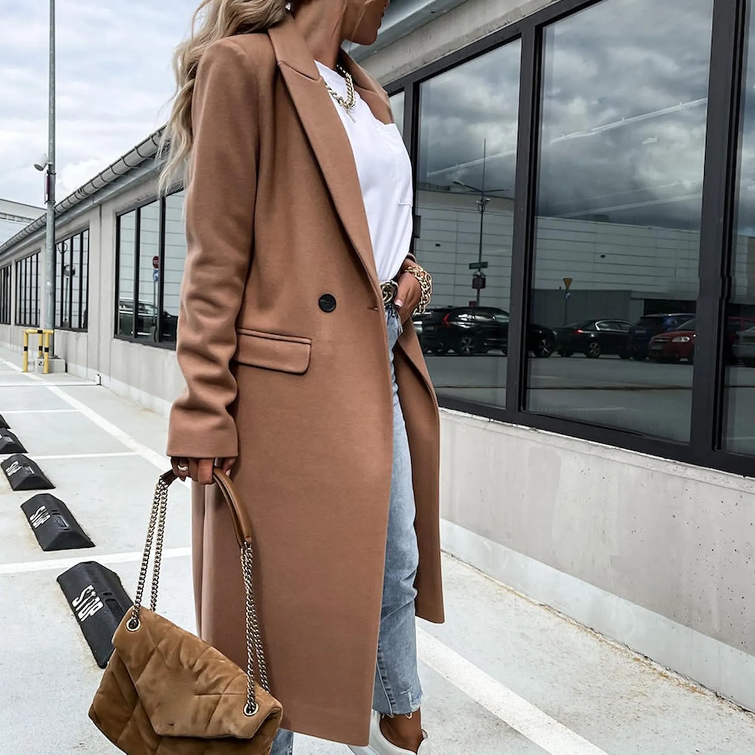 Maiyifu-GJ Womens Elegant Notched Lapel Double Breasted Wool Blend Coat Jacket Long Trench Coat Winter Overcoat Outerwear