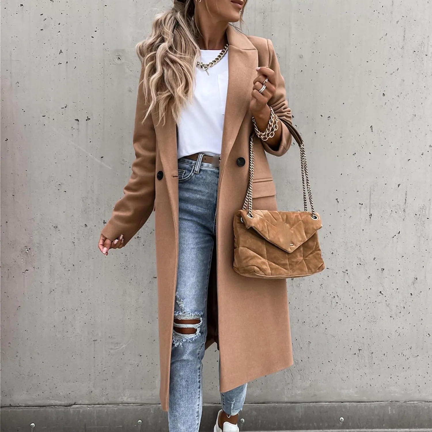 Maiyifu-GJ Womens Elegant Notched Lapel Double Breasted Wool Blend Coat Jacket Long Trench Coat Winter Overcoat Outerwear