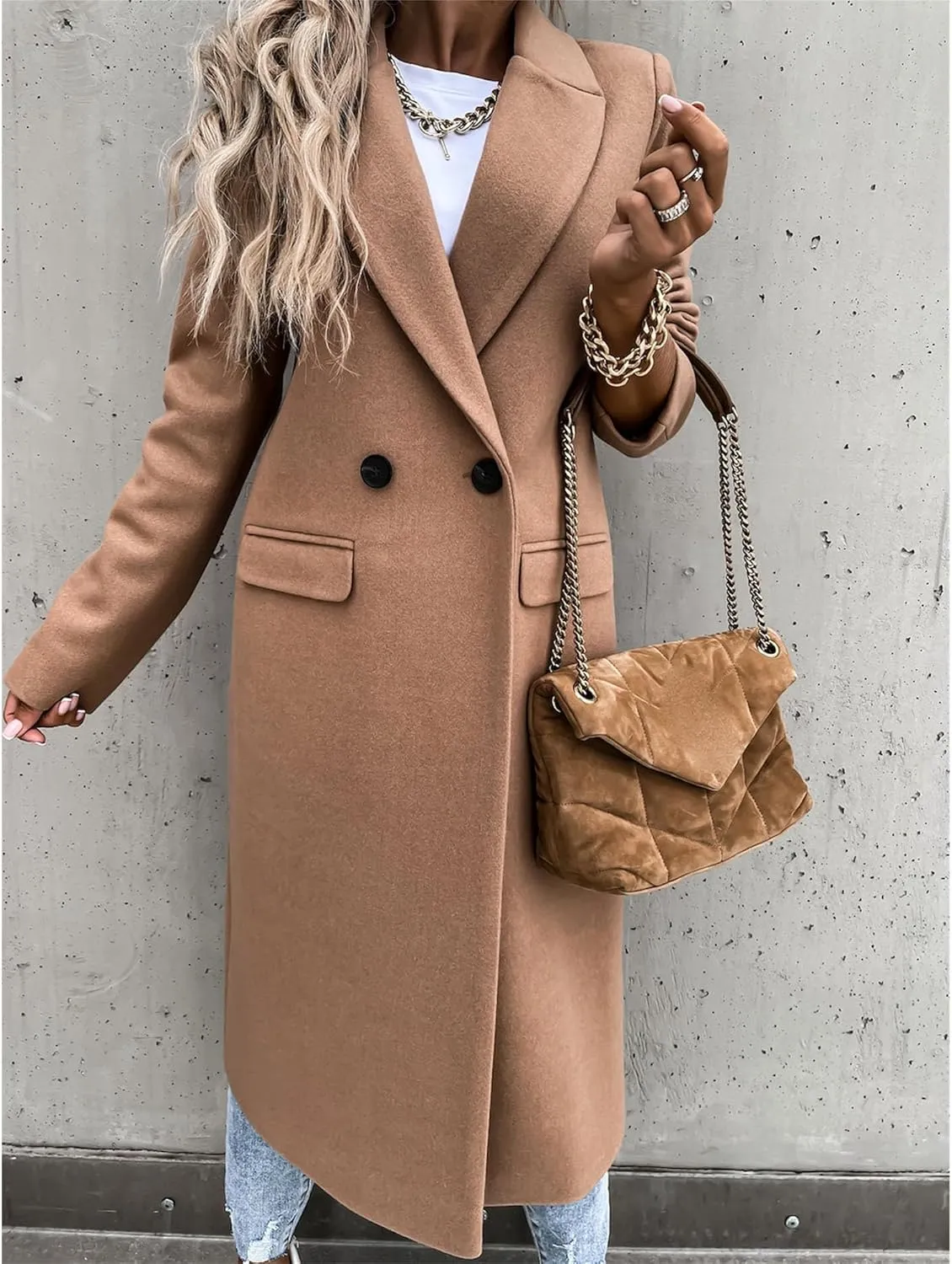 Maiyifu-GJ Womens Elegant Notched Lapel Double Breasted Wool Blend Coat Jacket Long Trench Coat Winter Overcoat Outerwear