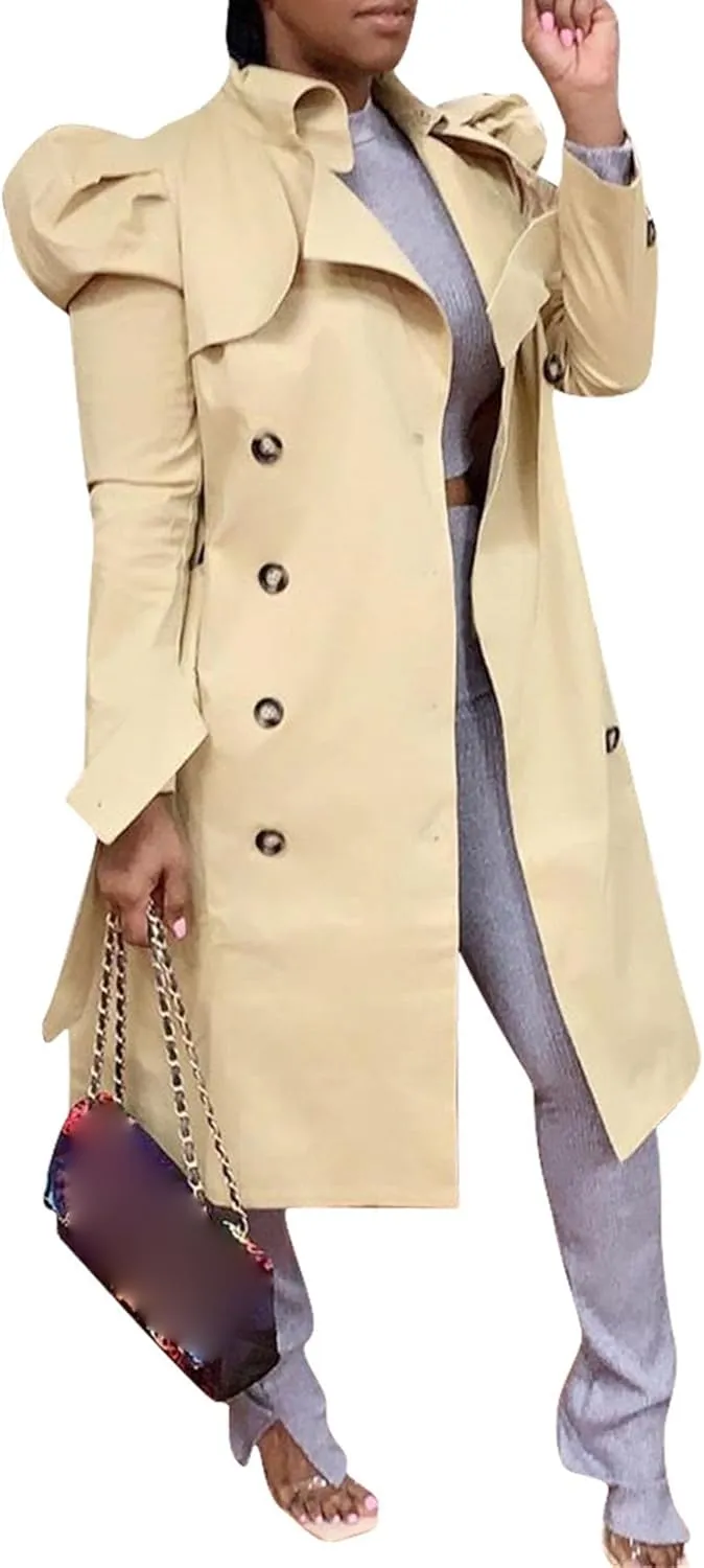 Maiyifu-GJ Womens Mid Length Overcoats Notched Lapel Double Breasted Coat Spring Fall Trench Coat Windbreaker Outerwear