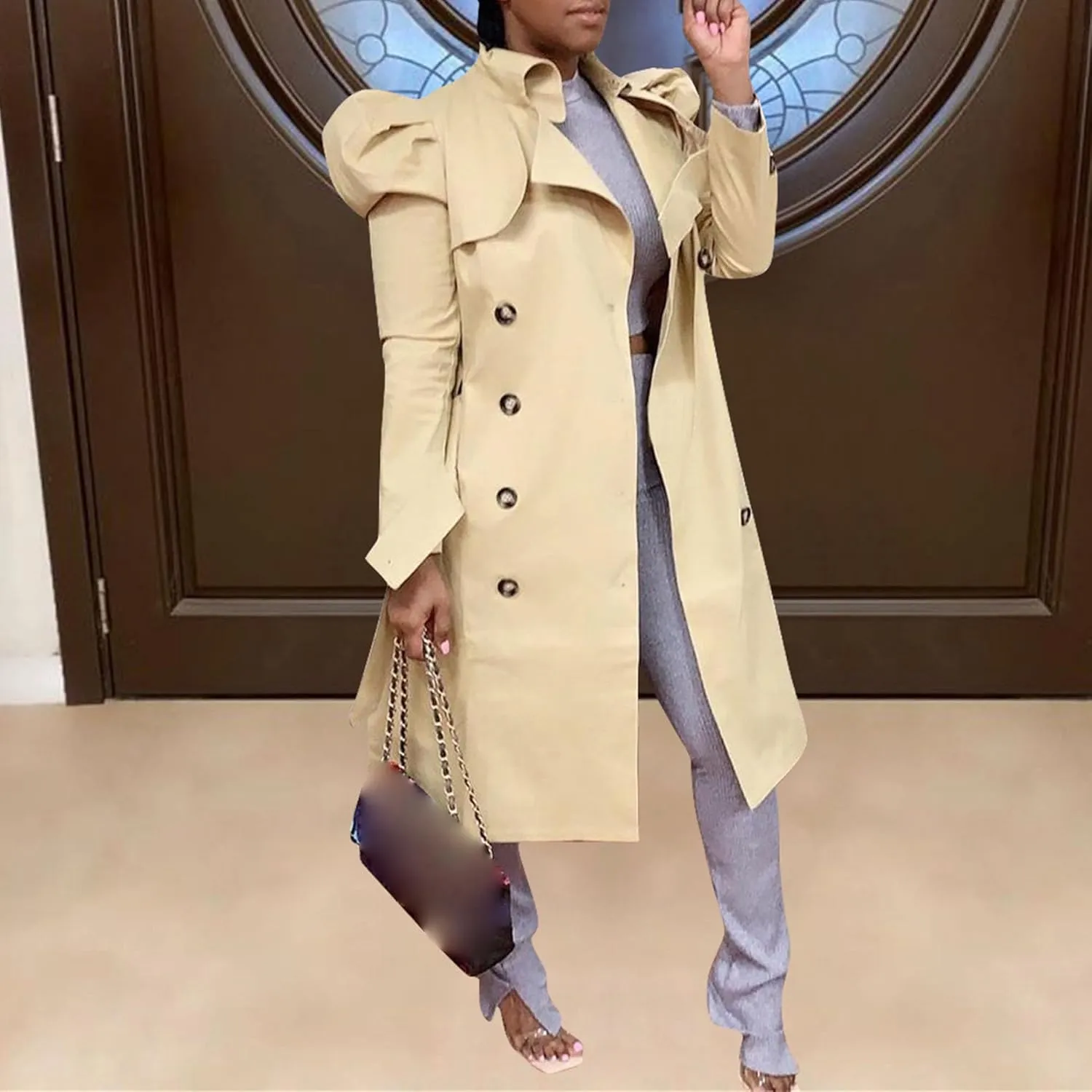 Maiyifu-GJ Womens Mid Length Overcoats Notched Lapel Double Breasted Coat Spring Fall Trench Coat Windbreaker Outerwear