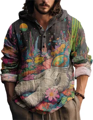 MARSVOVO Novelty Hippie Light Weight Hoodie for Men Long Sleeve Hooded Shirt Casual Quarter Button Tops for Spring Fall