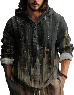 MARSVOVO Novelty Hippie Light Weight Hoodie for Men Long Sleeve Hooded Shirt Casual Quarter Button Tops for Spring Fall