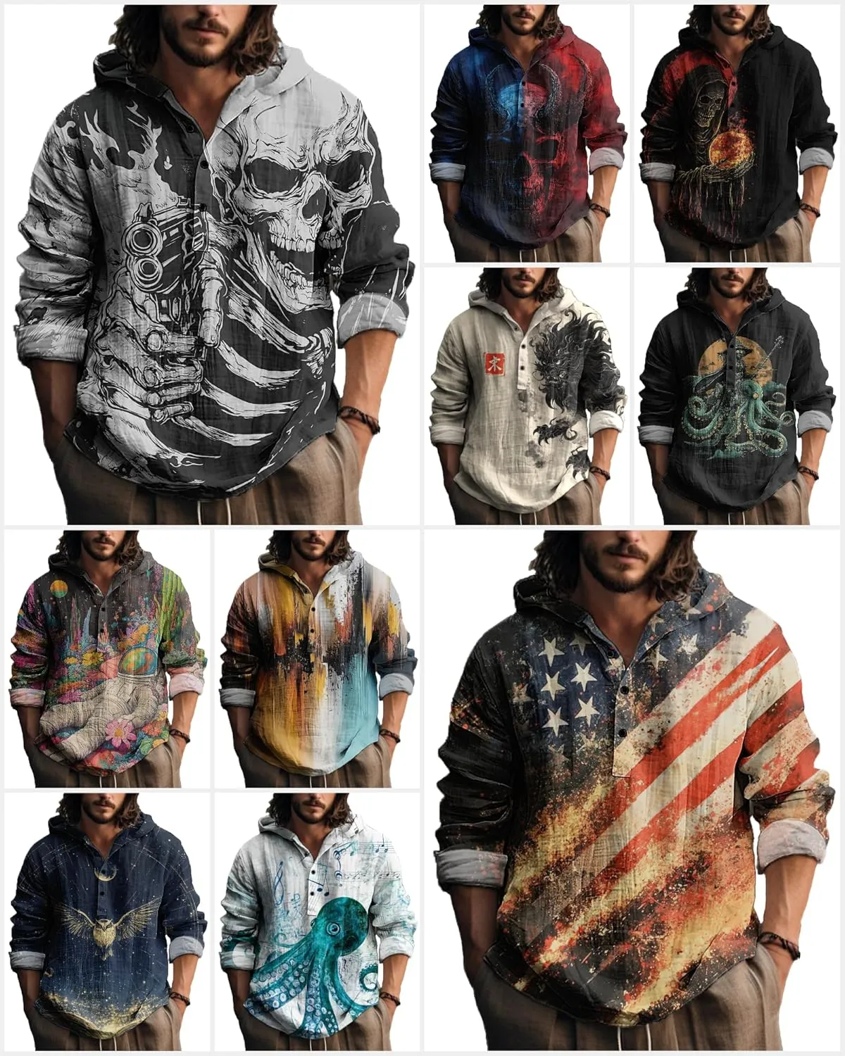 MARSVOVO Novelty Hippie Light Weight Hoodie for Men Long Sleeve Hooded Shirt Casual Quarter Button Tops for Spring Fall