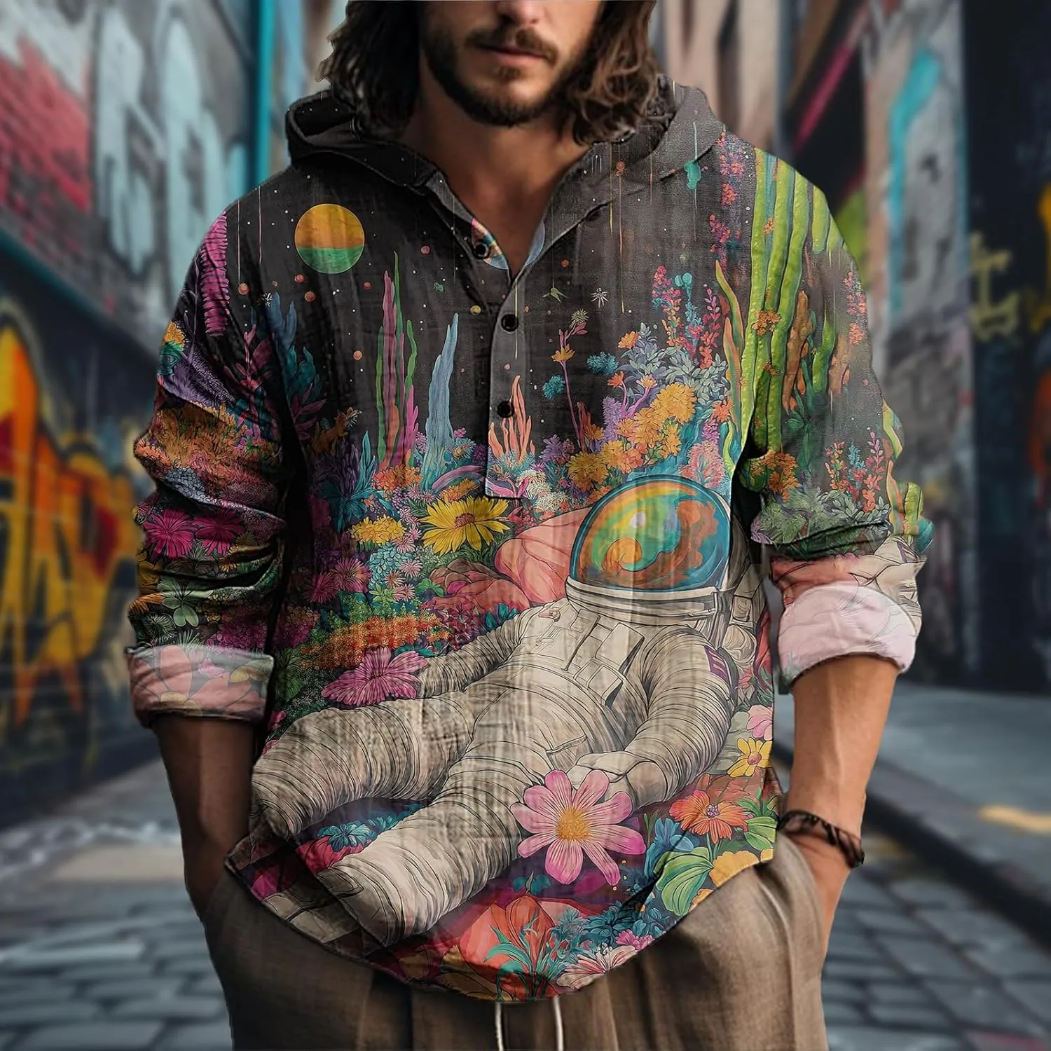 MARSVOVO Novelty Hippie Light Weight Hoodie for Men Long Sleeve Hooded Shirt Casual Quarter Button Tops for Spring Fall