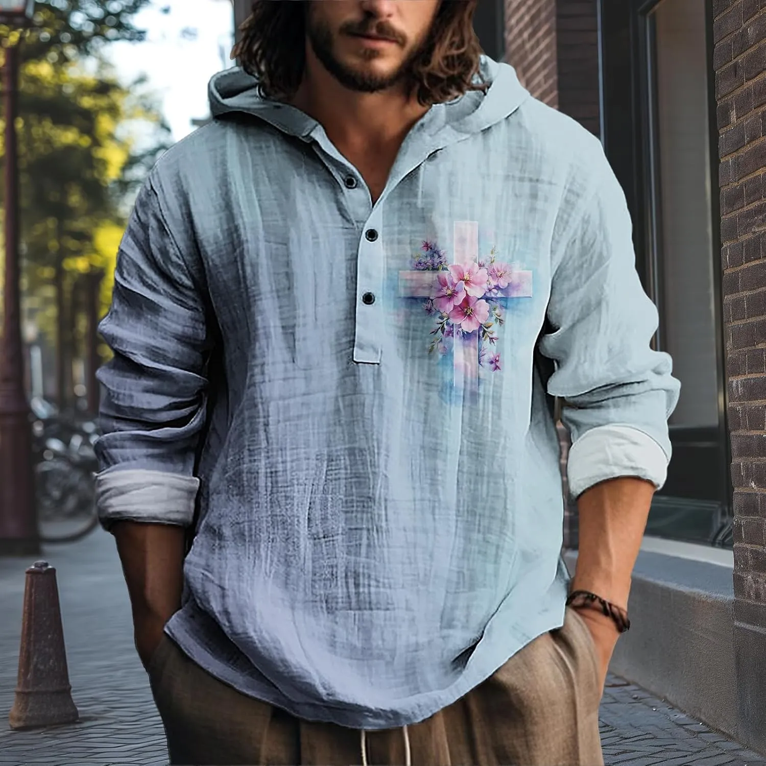MARSVOVO Novelty Hippie Light Weight Hoodie for Men Long Sleeve Hooded Shirt Casual Quarter Button Tops for Spring Fall