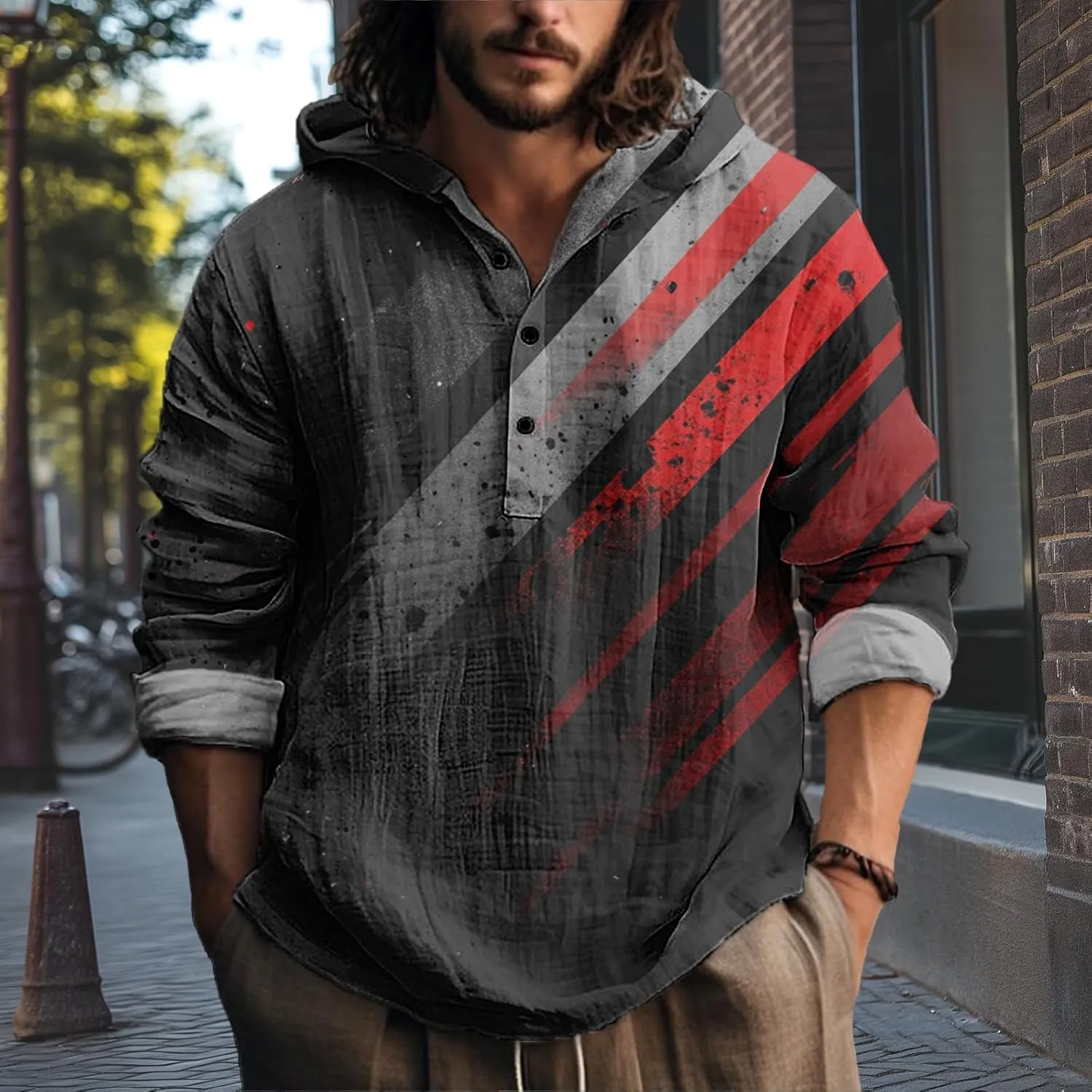 MARSVOVO Novelty Hippie Light Weight Hoodie for Men Long Sleeve Hooded Shirt Casual Quarter Button Tops for Spring Fall