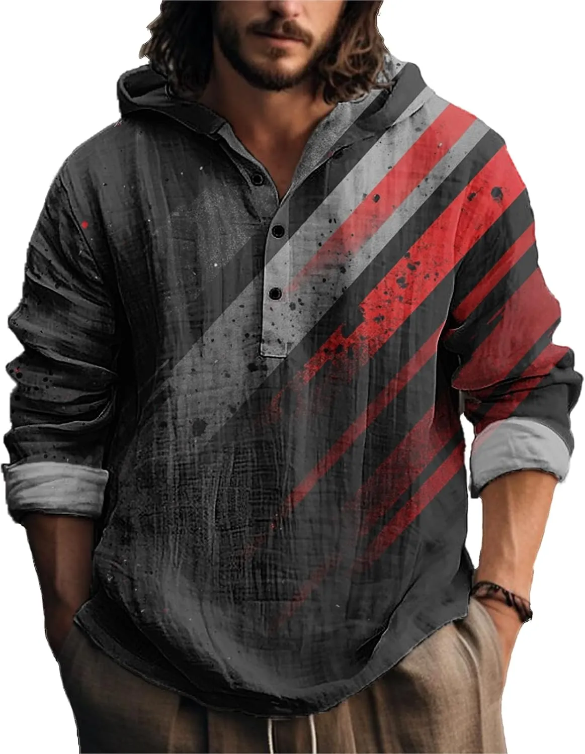 MARSVOVO Novelty Hippie Light Weight Hoodie for Men Long Sleeve Hooded Shirt Casual Quarter Button Tops for Spring Fall