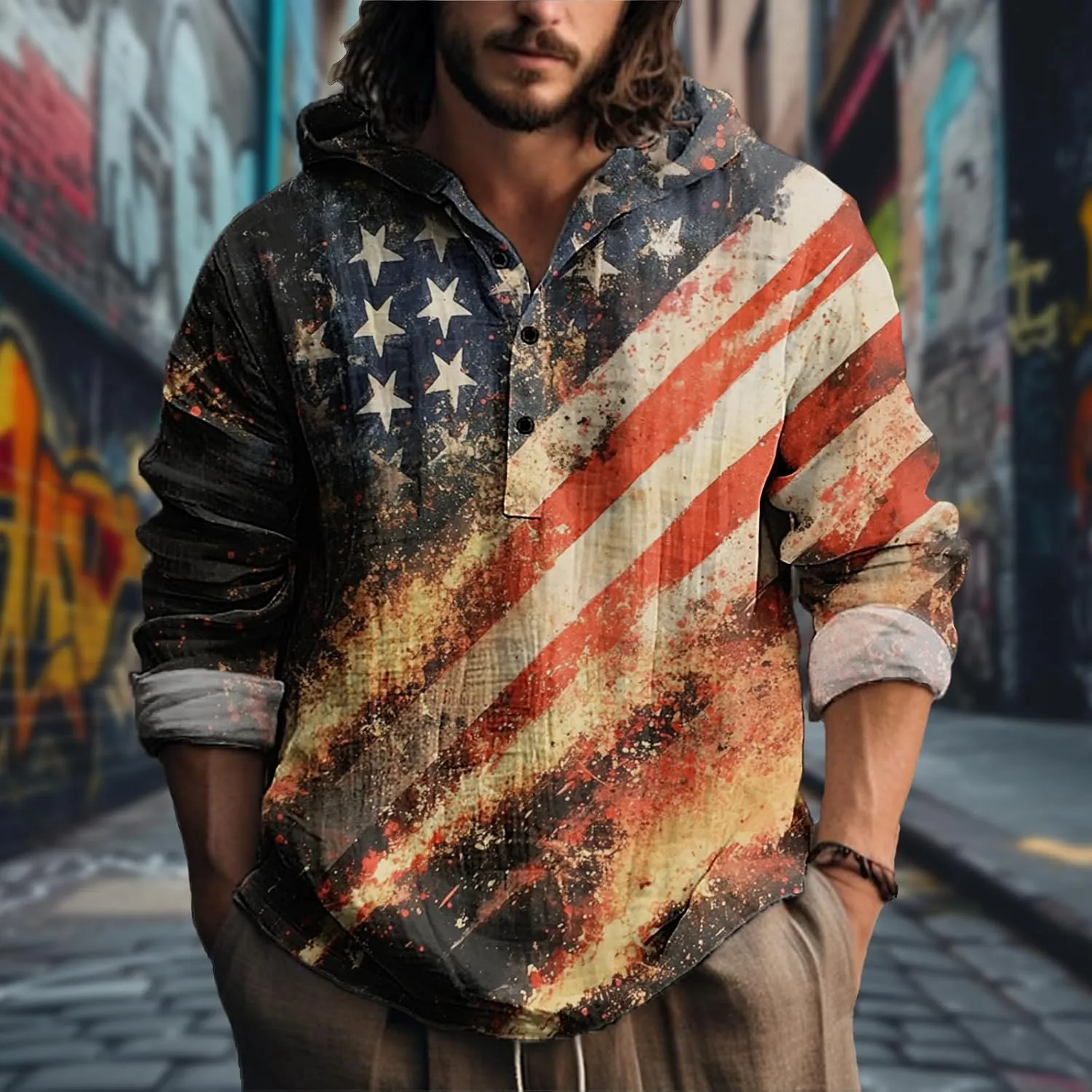 MARSVOVO Novelty Hippie Light Weight Hoodie for Men Long Sleeve Hooded Shirt Casual Quarter Button Tops for Spring Fall