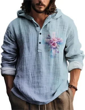 MARSVOVO Novelty Hippie Light Weight Hoodie for Men Long Sleeve Hooded Shirt Casual Quarter Button Tops for Spring Fall