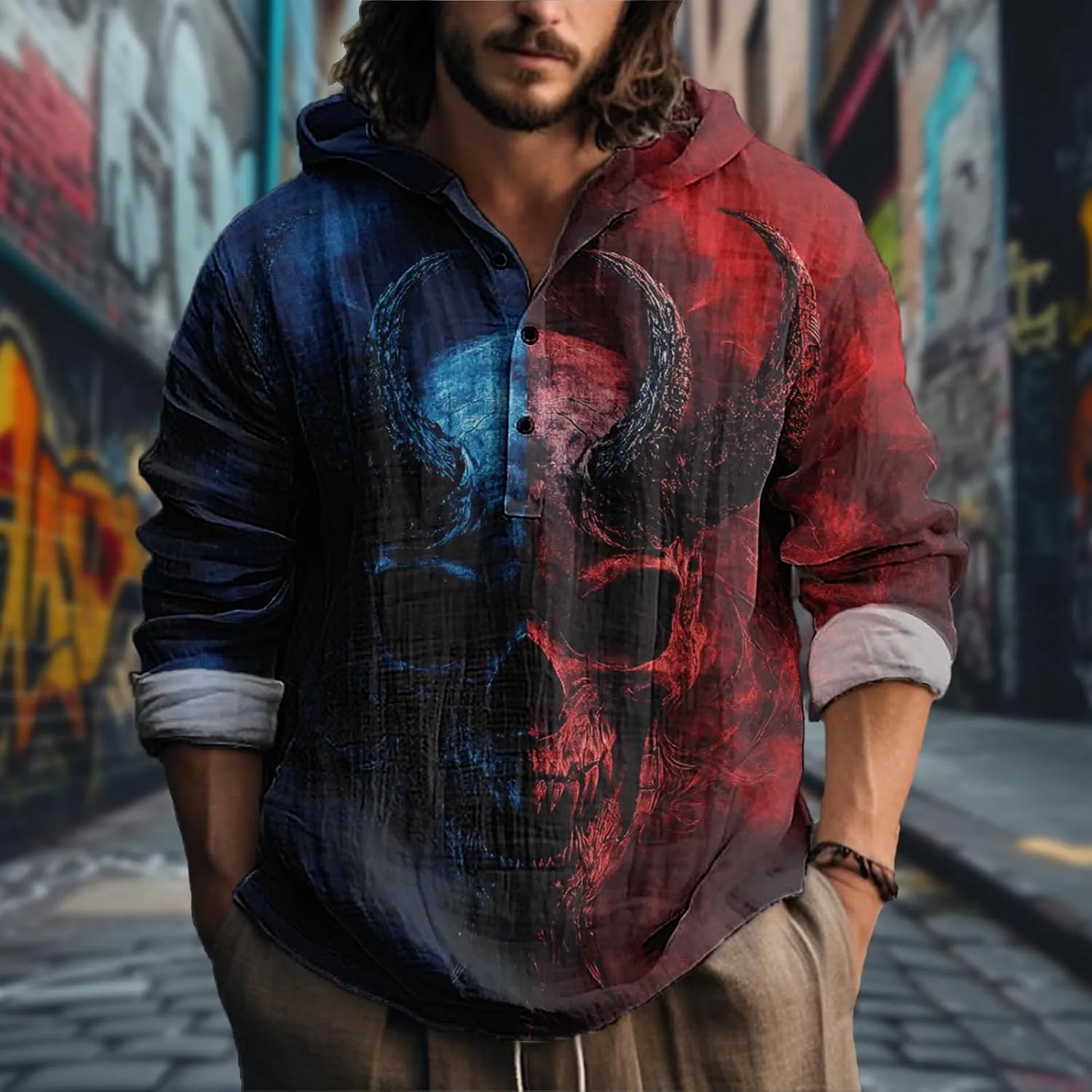 MARSVOVO Novelty Hippie Light Weight Hoodie for Men Long Sleeve Hooded Shirt Casual Quarter Button Tops for Spring Fall