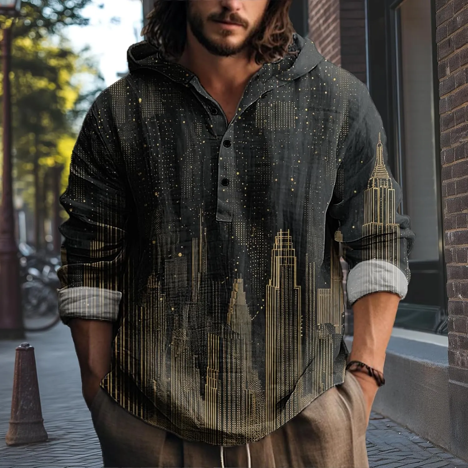 MARSVOVO Novelty Hippie Light Weight Hoodie for Men Long Sleeve Hooded Shirt Casual Quarter Button Tops for Spring Fall