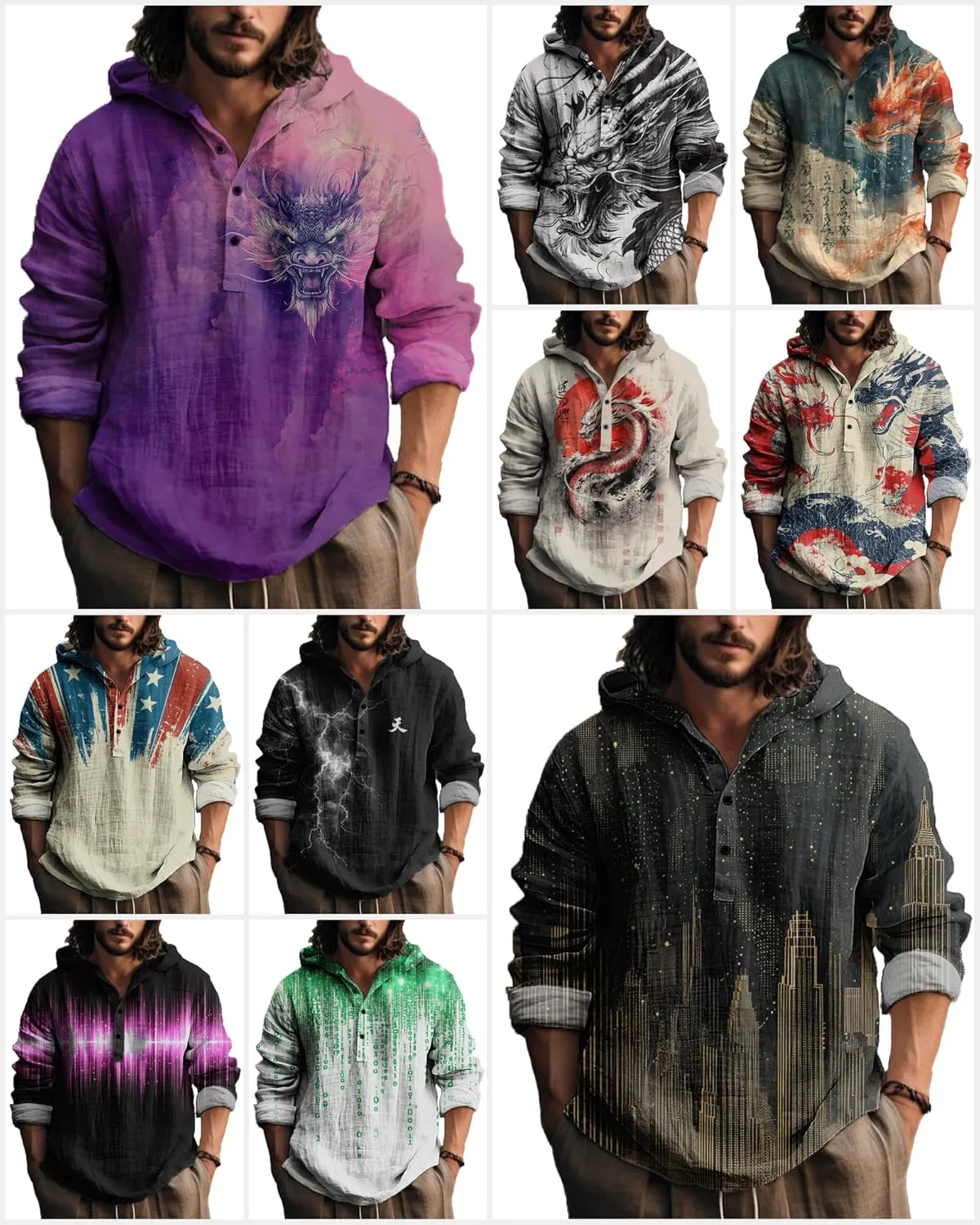 MARSVOVO Novelty Hippie Light Weight Hoodie for Men Long Sleeve Hooded Shirt Casual Quarter Button Tops for Spring Fall