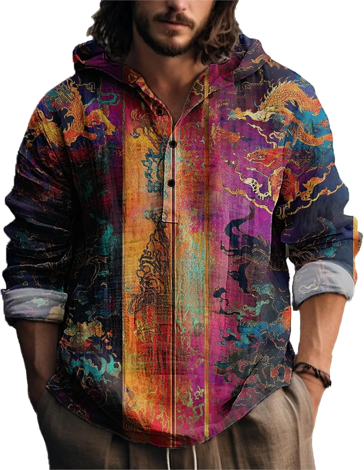 MARSVOVO Vintage Ethnic Men's Lightweight Hoodie Long Sleeve 3 Button Hooded Shirt Comfy Cool Daily Tops for Spring Fall