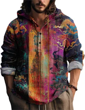 MARSVOVO Vintage Ethnic Men's Lightweight Hoodie Long Sleeve 3 Button Hooded Shirt Comfy Cool Daily Tops for Spring Fall