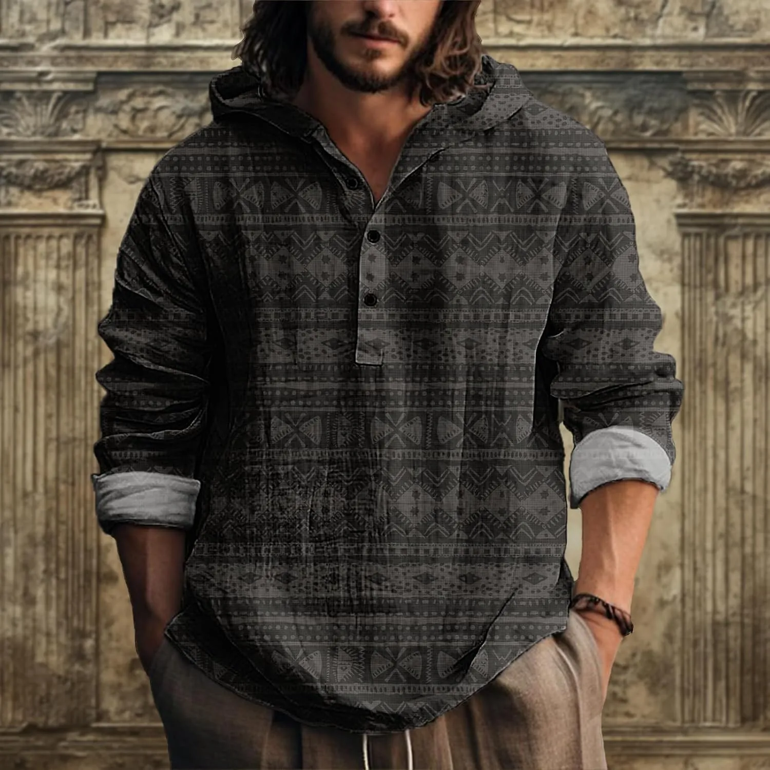 MARSVOVO Vintage Ethnic Men's Lightweight Hoodie Long Sleeve 3 Button Hooded Shirt Comfy Cool Daily Tops for Spring Fall