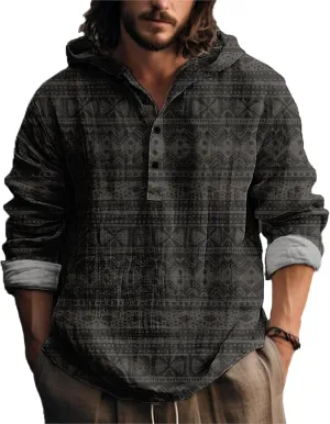 MARSVOVO Vintage Ethnic Men's Lightweight Hoodie Long Sleeve 3 Button Hooded Shirt Comfy Cool Daily Tops for Spring Fall