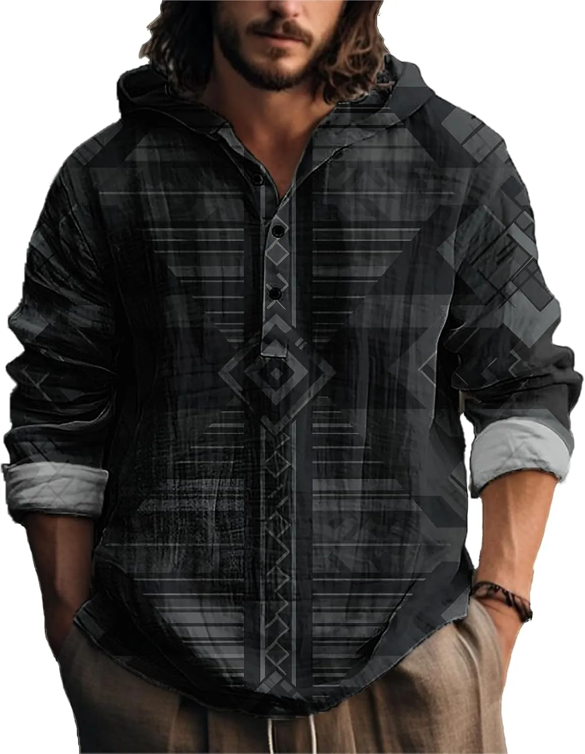 MARSVOVO Vintage Ethnic Men's Lightweight Hoodie Long Sleeve 3 Button Hooded Shirt Comfy Cool Daily Tops for Spring Fall