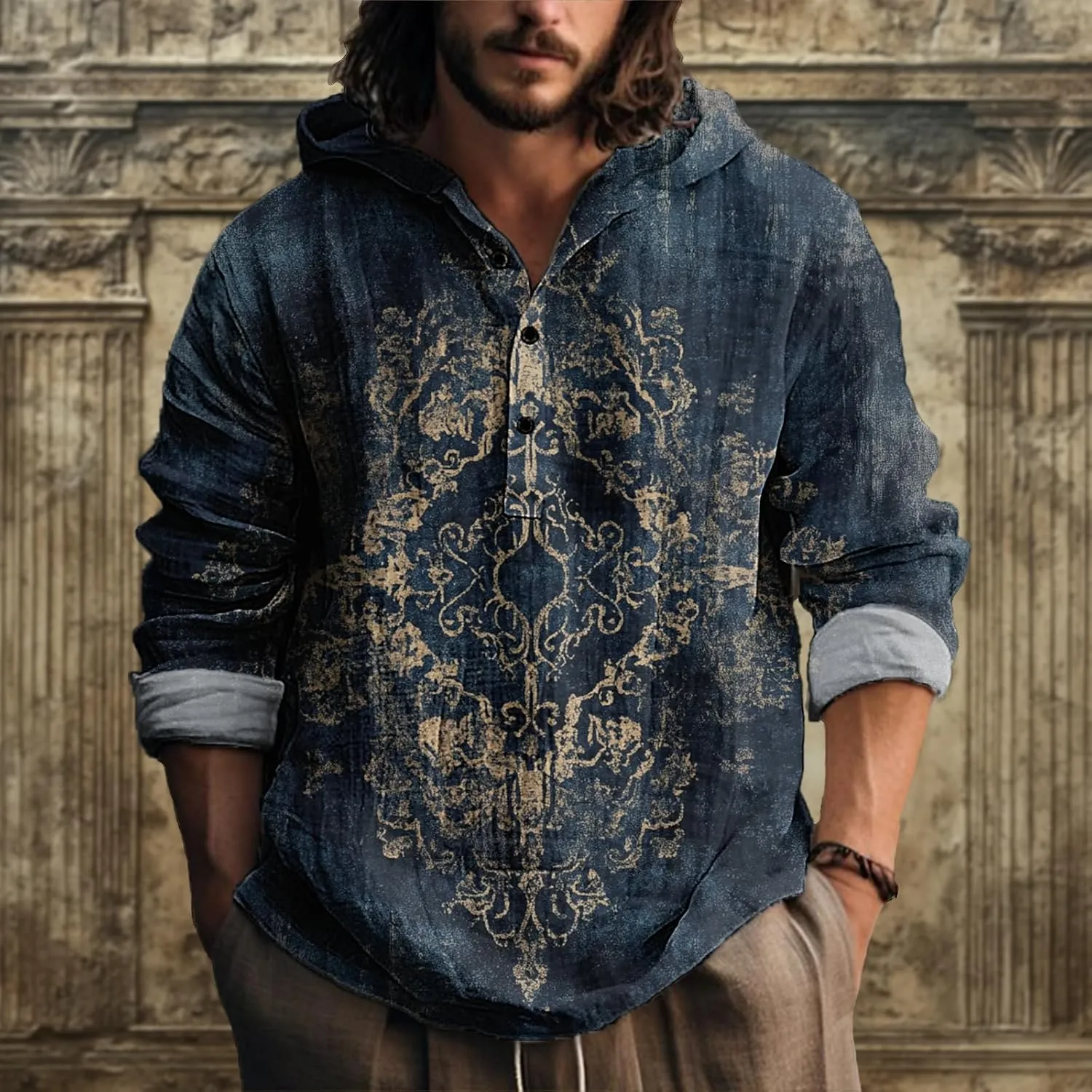 MARSVOVO Vintage Ethnic Men's Lightweight Hoodie Long Sleeve 3 Button Hooded Shirt Comfy Cool Daily Tops for Spring Fall