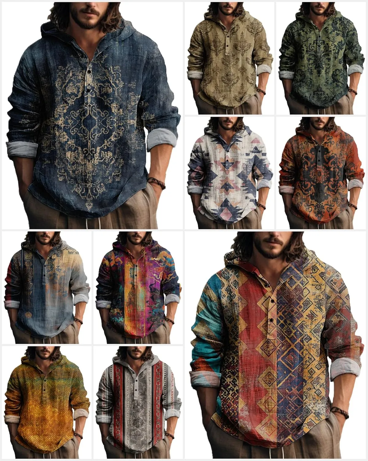 MARSVOVO Vintage Ethnic Men's Lightweight Hoodie Long Sleeve 3 Button Hooded Shirt Comfy Cool Daily Tops for Spring Fall