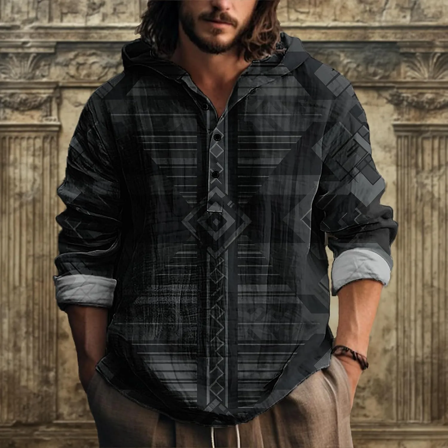 MARSVOVO Vintage Ethnic Men's Lightweight Hoodie Long Sleeve 3 Button Hooded Shirt Comfy Cool Daily Tops for Spring Fall