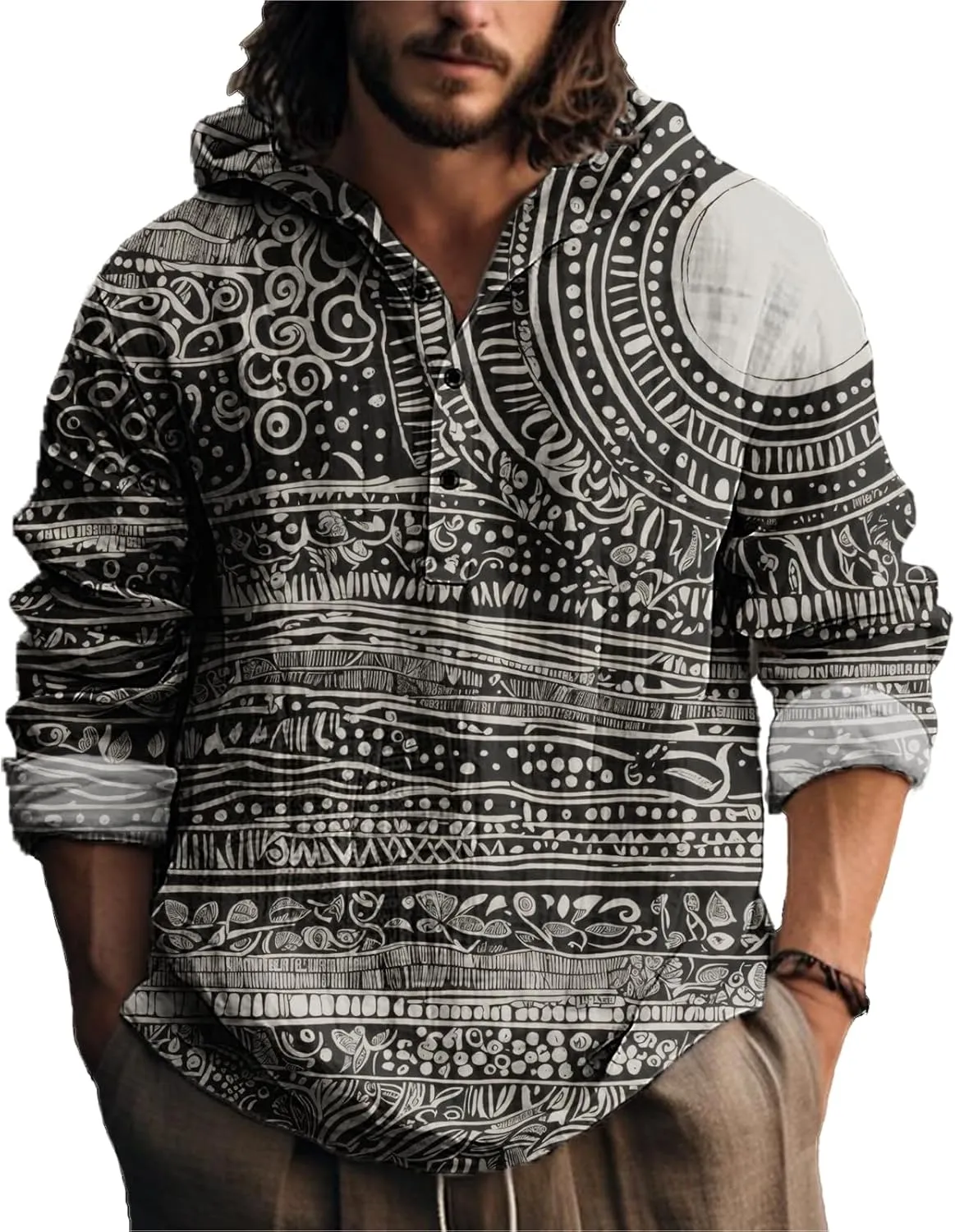 MARSVOVO Vintage Ethnic Men's Lightweight Hoodie Long Sleeve 3 Button Hooded Shirt Comfy Cool Daily Tops for Spring Fall