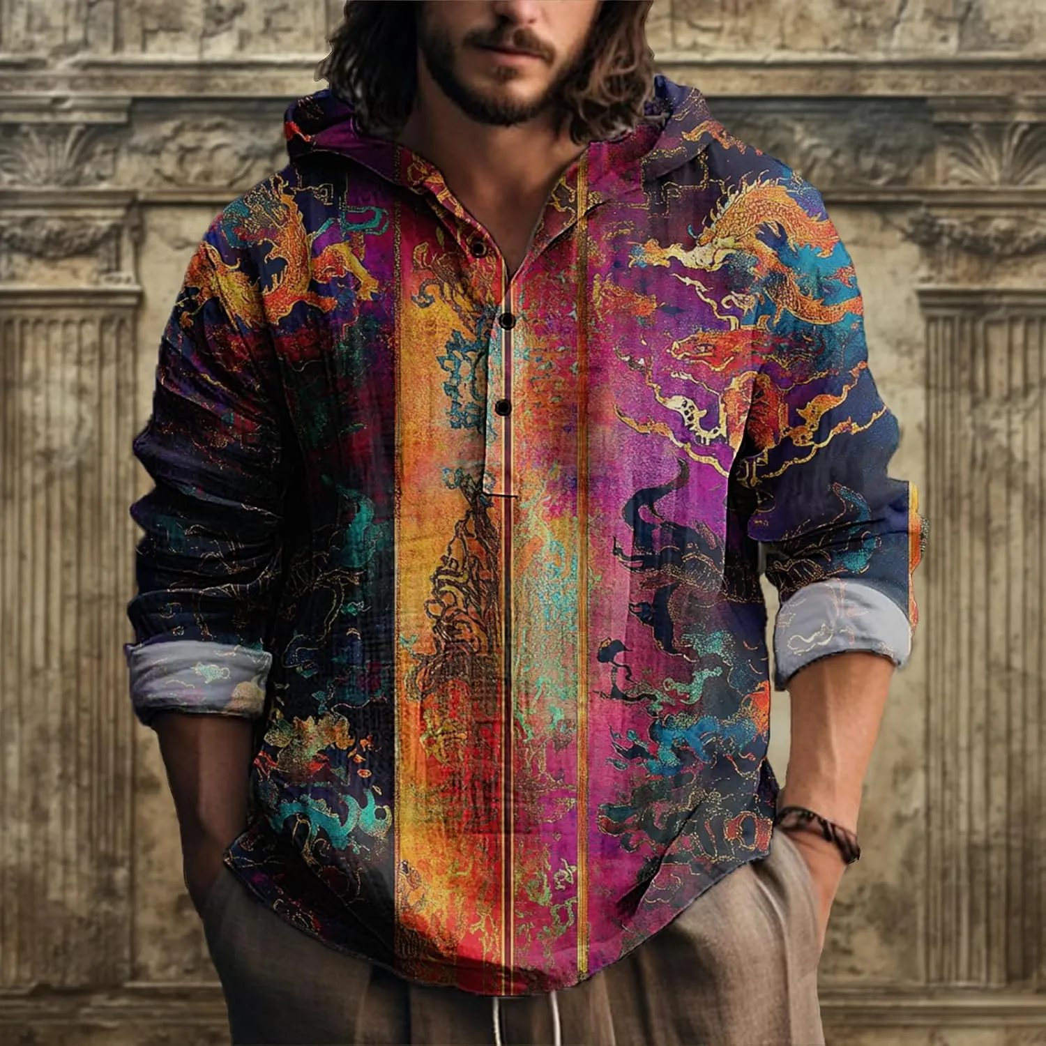 MARSVOVO Vintage Ethnic Men's Lightweight Hoodie Long Sleeve 3 Button Hooded Shirt Comfy Cool Daily Tops for Spring Fall