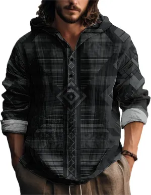 MARSVOVO Vintage Ethnic Men's Lightweight Hoodie Long Sleeve 3 Button Hooded Shirt Comfy Cool Daily Tops for Spring Fall