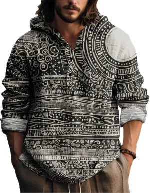 MARSVOVO Vintage Ethnic Men's Lightweight Hoodie Long Sleeve 3 Button Hooded Shirt Comfy Cool Daily Tops for Spring Fall