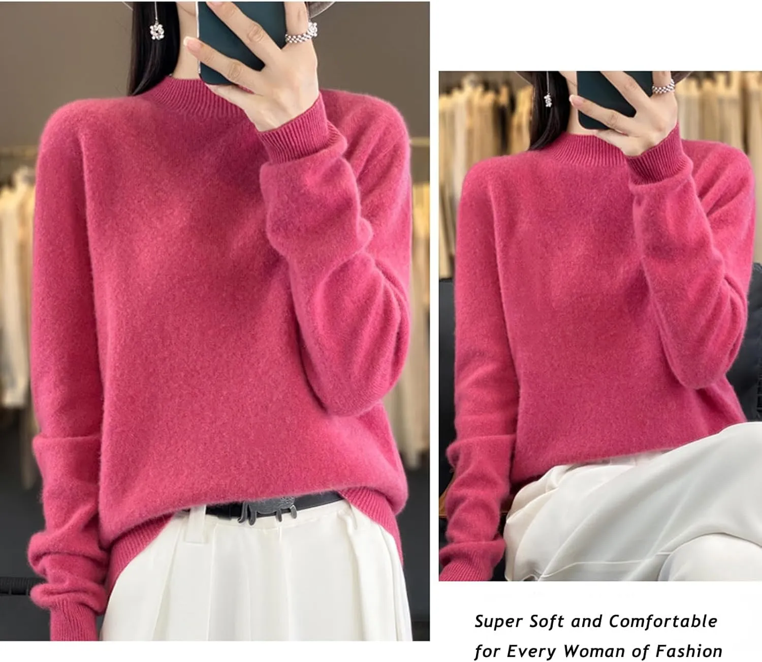 MATISUN Cashmere Sweaters for Women, Fall Winter First-Line Ready to Wear Long Sleeve Seamless Knit Crewneck Sweater (Rose red,S)