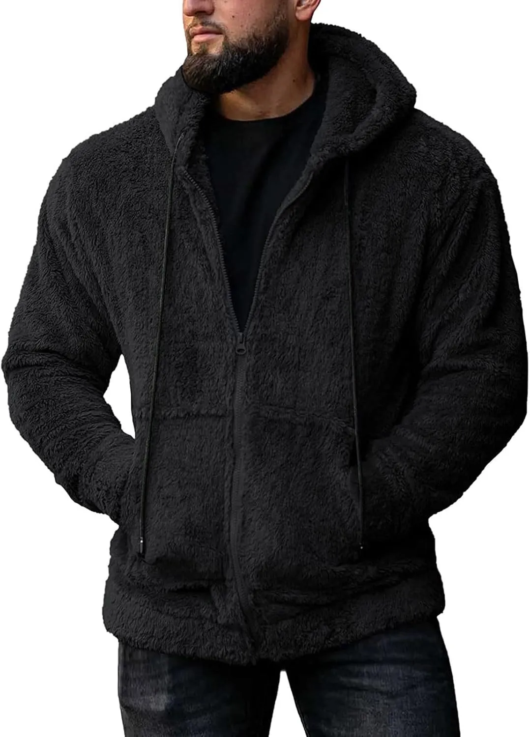 Men Double Sided Fleece Zipper Cardigan Coat Solid Color Fuzzy Warm Hooded Jacket Drawstring with Pockets Outwear
